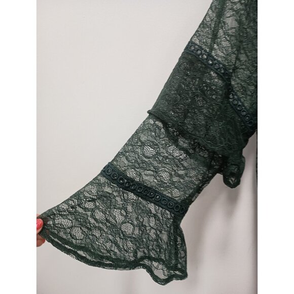 Isaac Mizrahi Live Womens BOHO Blouse 1X Dark Green Lace Bell Sleeve Whimsygoth - Picture 4 of 8